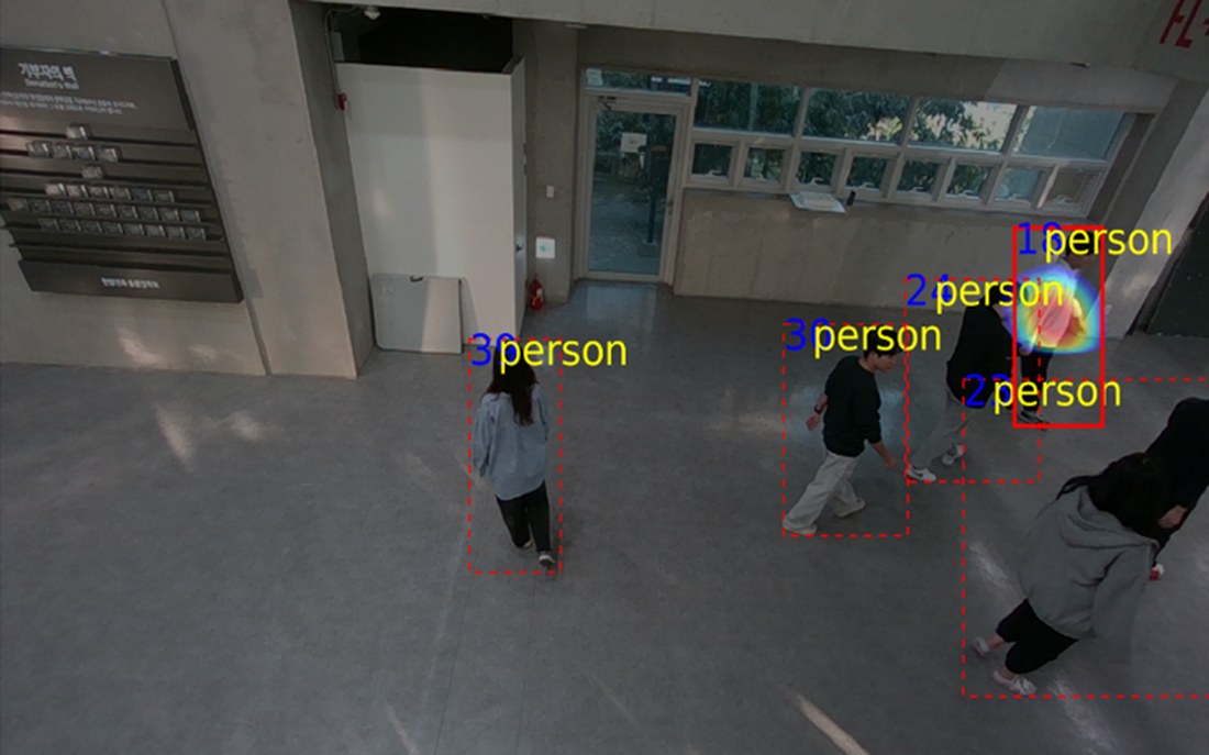 Four people tracked in dashed boxes; the radiation maximum sits inside one person&rsquo;s box, which is drawn solid.